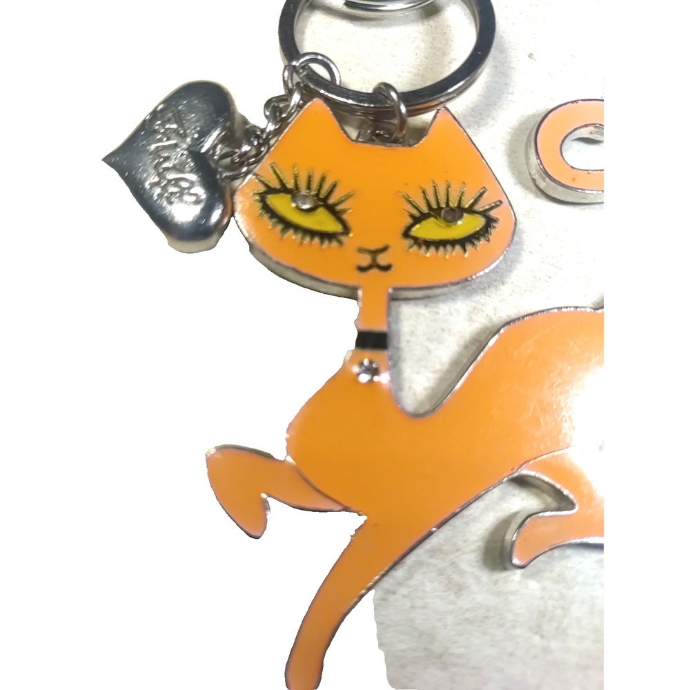 Fluff Kitty Cat Keychain Orange Silver Tone Heart Charm - Picture 5 of 6